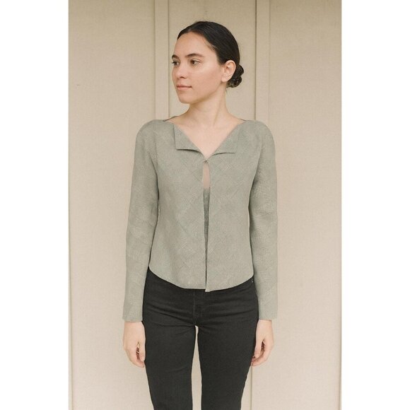 Linda Allard Ellen Tracy NWT Wool‑Linen Blend Green & Cream Plaid Hook‑Front Top - Picture 1 of 10